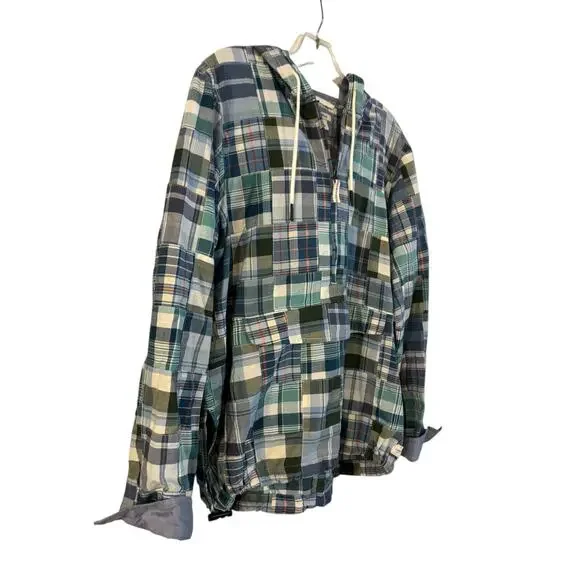 LL BEAN Women’s PATCHWORK Hoodie Anorak SHIRT 1/2 Zip Green Blue Size Large - Picture 3 of 7